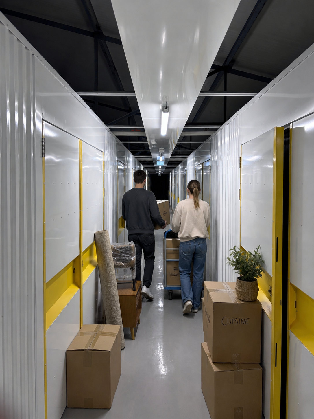 Particuliers emménageant dans un couloir de box de stockage sécurisé avec chariots CERFBOX